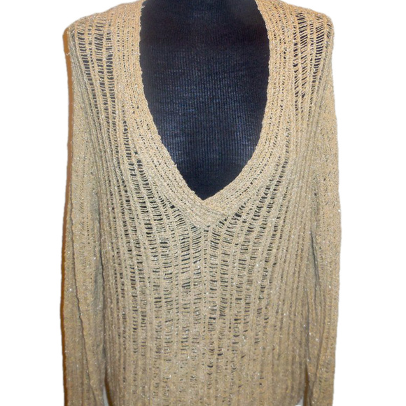 Pullover Sweater Chico's size 3 V-Neck Tan Golden Lurex long sleeve - Picture 1 of 4